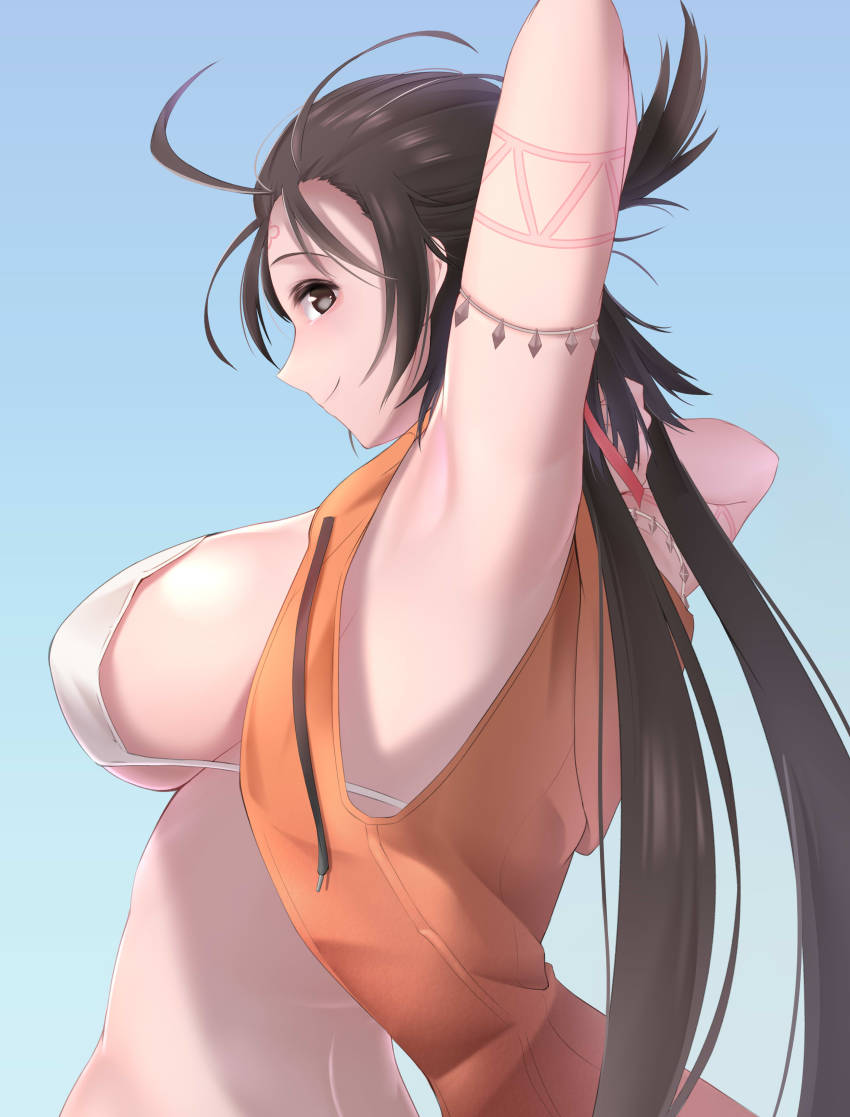1girl absurdres arm_behind_head arm_up armpits bare_shoulders bead_necklace beads bikini bikini_top_only breasts brown_eyes brown_hair contemporary cutoffs denim denim_shorts facial_mark fate/grand_order fate_(series) forehead forehead_mark heroic_spirit_tour_outfit highres himiko_(fate) himiko_(tour_outfit)_(fate) hood hooded_vest hoodie jewelry kamehito large_breasts long_hair looking_at_viewer necklace orange_vest shorts sideboob smile solo swimsuit thighs topknot twintails vest white_bikini