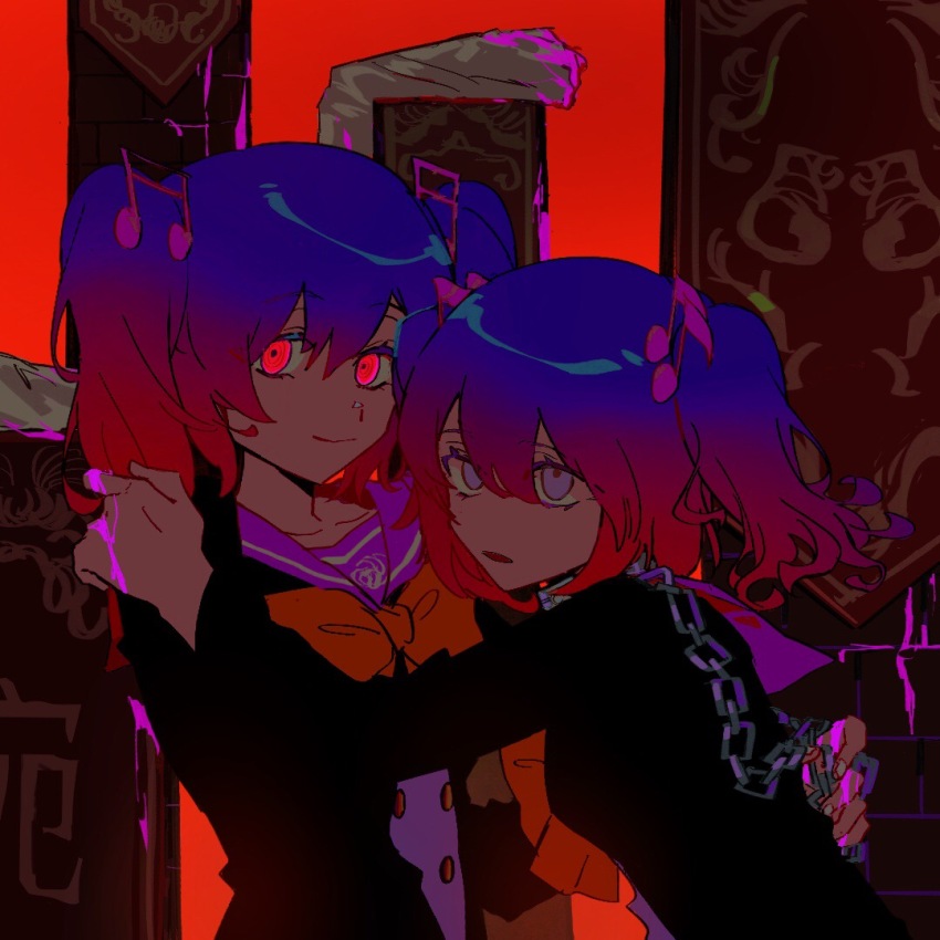 2girls @_@ black_jacket blood blood_on_hands blue_hair buttons chain chain_leash closed_mouth collar collarbone danganronpa_another fortissimo gradient_hair hair_between_eyes hair_ornament hand_on_another&#039;s_shoulder jacket leash medium_hair metal_collar multicolored_hair multiple_girls musical_note musical_note_hair_ornament open_clothes open_jacket open_mouth otonokoji_hibiki otonokoji_kanade pink_blood pink_shirt purple_eyes purple_hair red_eyes red_hair sailor_collar sailor_shirt shirt siblings sisters smile super_danganronpa_another_2 twins twintails variant_set yough42