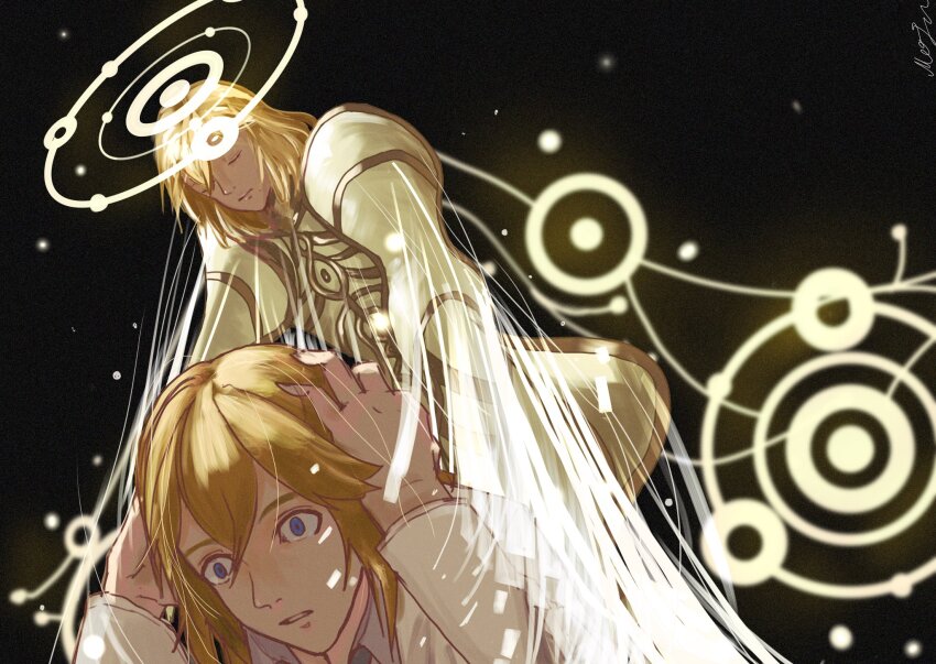 2boys black_background blonde_hair blue_eyes closed_eyes closed_mouth commentary_request dual_persona hair_between_eyes halo highres klaus_(xenoblade) male_focus minutevibration multiple_boys parted_lips simple_background spoilers wide-eyed xenoblade_chronicles_(series) xenoblade_chronicles_1 zanza_(xenoblade)