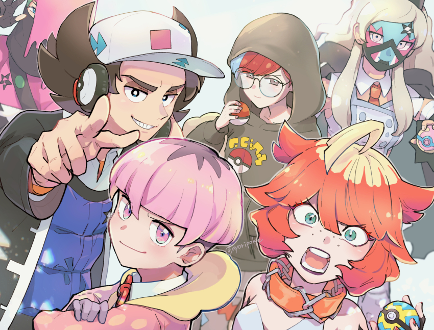 3boys 3girls ahoge atticus_(pokemon) black_eyes blonde_hair blue_vest bright_pupils closed_mouth collar collared_shirt commentary_request eri_(pokemon) eyelashes freckles giacomo_(pokemon) gloves green_eyes grin hat headphones heal_ball holding holding_poke_ball hood hood_up hoodie jacket looking_at_viewer mela_(pokemon) multiple_boys multiple_girls nintendo nyoripoke open_clothes open_jacket open_mouth orange_collar ortega_(pokemon) penny_(pokemon) pink_eyes pink_hair pointing pointy_hair poke_ball poke_ball_(basic) poke_ball_print pokemon pokemon_sv quick_ball red_hair shirt short_hair smile team_star teeth tongue vest white_hat white_pupils