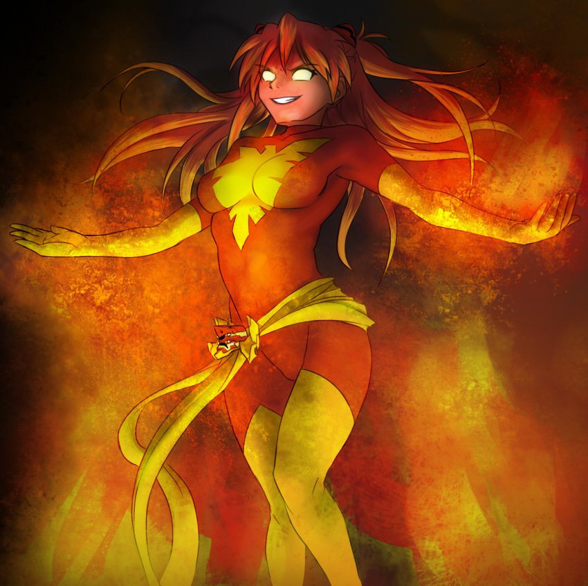 1girl artist_collaboration bird bodysuit boots breasts colorized cosplay crossover dark_phoenix dark_phoenix_(cosplay) drawfag elbow_gloves eva_02 female_focus fire gloves glowing glowing_eyes highres jean_grey jean_grey_(cosplay) large_breasts long_hair marvel matsu-sensei neon_genesis_evangelion non-web_source orange_hair phoenix phoenix_(x-men) phoenix_(x-men)_(cosplay) sash skin_tight smile solo souryuu_asuka_langley thigh_boots thighhighs x-men yellow_gloves