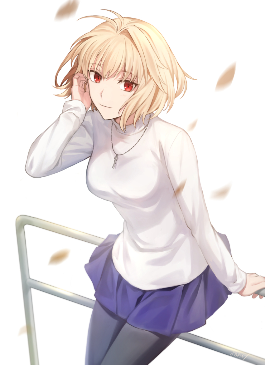 1girl against_railing arcueid_brunestud autumn_leaves blue_skirt breasts floating_clothes floating_hair flyby64 hand_on_own_face highres jewelry large_breasts leaf looking_at_viewer necklace pantyhose railing red_eyes simple_background sitting skirt smile sweater tsukihime tsukihime_(remake) turtleneck turtleneck_sweater white_background