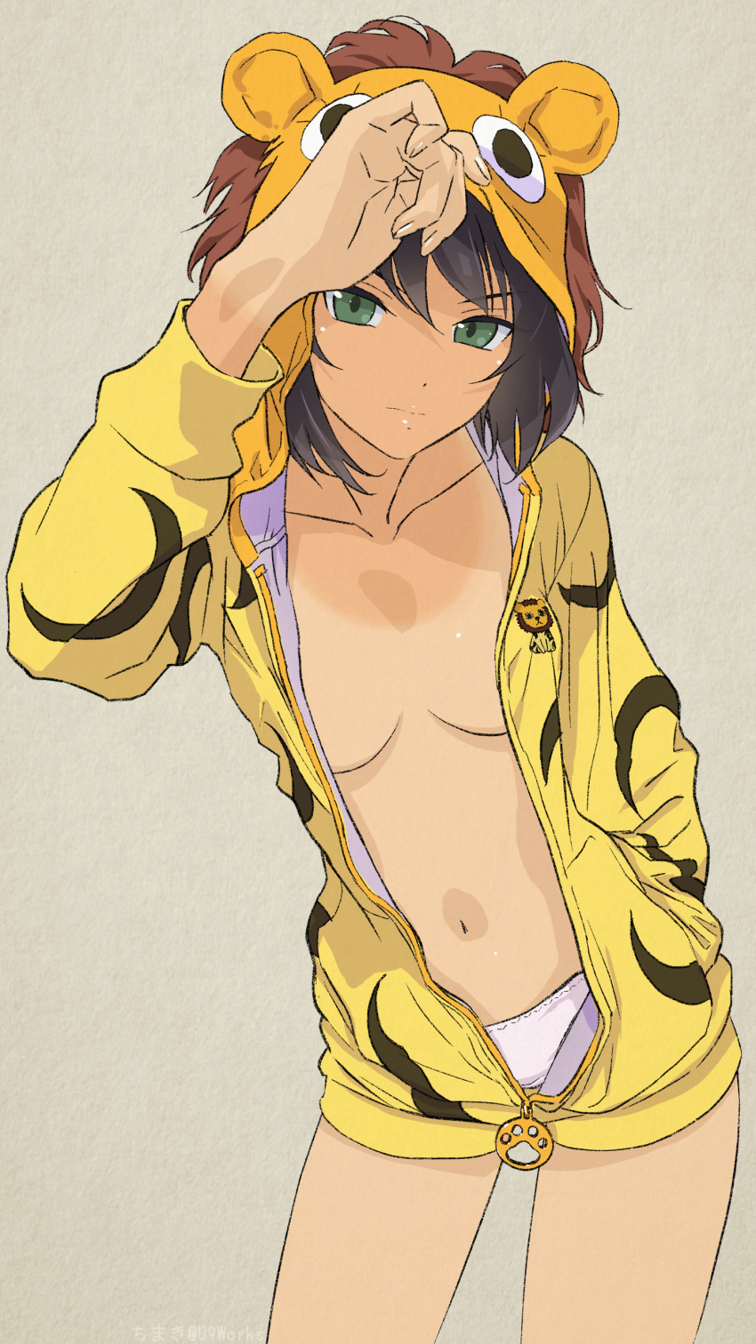 1girl absurdres adjusting_hood akagi_(fmttps) animal_costume arm_behind_head artist_name breasts brown_hair closed_mouth collarbone commentary_request cowboy_shot crotch_seam dark-skinned_female dark_skin girls_und_panzer green_eyes grey_background half-closed_eyes halloween_costume hand_in_pocket hand_on_own_head head_tilt highres hood hood_up hoshino_(girls_und_panzer) jumpsuit leopon_(animal) light_frown lips long_sleeves looking_at_viewer medium_breasts navel no_bra one-piece_tan panties paw_print short_hair short_jumpsuit solo standing tan tanline twitter_username underwear unzipped white_panties yellow_jumpsuit zipper_pull_tab