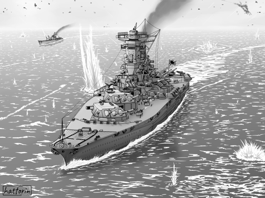 absurdres aircraft airplane anti-aircraft anti-aircraft_gun artist_name autocannon battleship cannon destroyer fuyutsuki_(destroyer) greyscale hattorin highres historical_event imperial_japanese_navy japanese_flag military military_vehicle monochrome no_humans ocean operation_ten-gou original sailing sb2c_helldiver ship type_93_hmg under_fire vehicle_focus wake_(wave) warship watercraft world_war_ii yamato_(battleship)