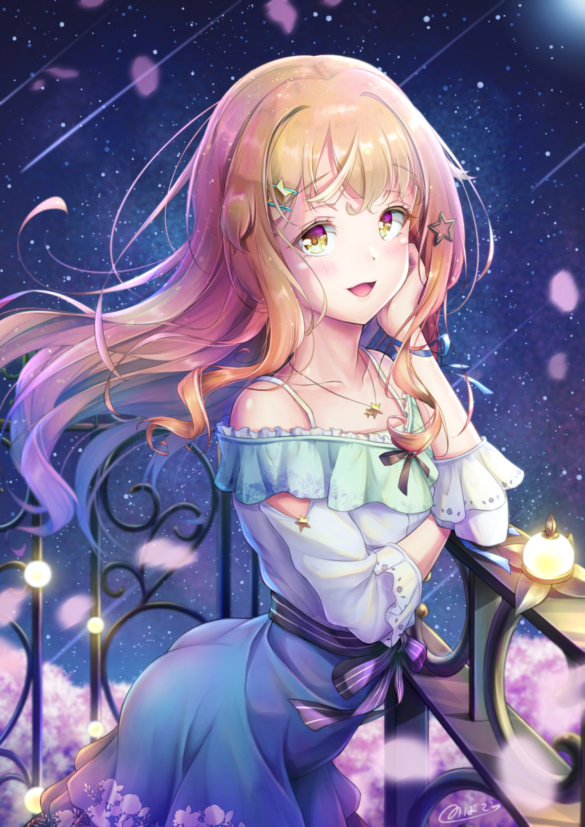 1boy ass bare_shoulders blush dress hair_ornament hairclip highres long_hair looking_at_viewer natsusora_wakana novady orange_eyes orange_hair original shiny_skin smile solo trap