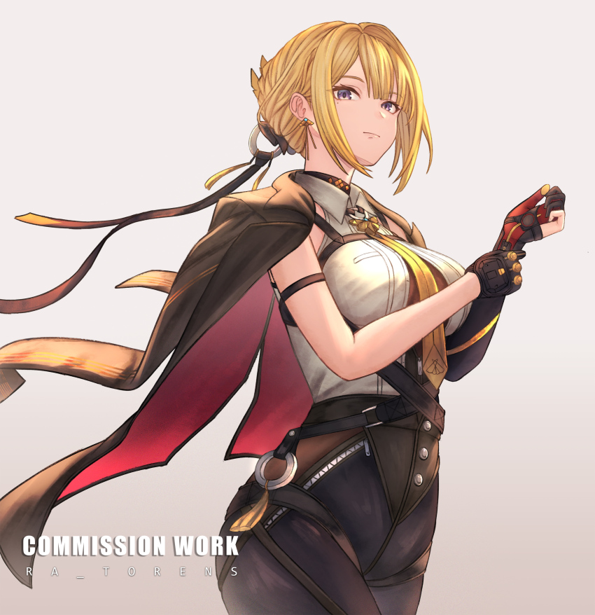 1girl absurdres adjusting_eyewear arm_strap black_gloves black_pants blonde_hair collared_shirt commission evelyn_chevalier gloves highres looking_at_viewer mole mole_under_eye necktie pants purple_eyes ra_torens red_gloves shirt smile solo two-sided_gloves white_shirt yellow_necktie zenless_zone_zero