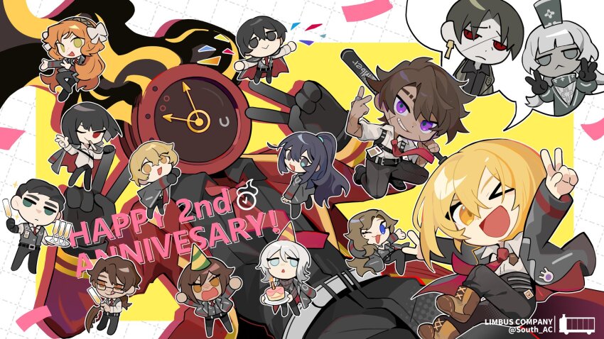1other 6+boys 6+girls black_hair black_shirt blonde_hair blue_eyes brown_eyes brown_hair charon_(project_moon) chibi collared_shirt dante_(limbus_company) don_quixote_(project_moon) english_text faust_(project_moon) gregor_(project_moon) grey_eyes grey_hair heathcliff_(project_moon) highres hong_lu_(project_moon) ishmael_(project_moon) jacket limbus_company long_hair meursault_(project_moon) multiple_boys multiple_girls necktie object_head orange_hair outis_(project_moon) project_moon purple_eyes red_eyes red_jacket red_necktie rodion_(project_moon) ryoshu_(project_moon) shirt short_hair sinclair_(project_moon) south_ac vergilius_(project_moon) white_hair white_shirt yellow_eyes yi_sang_(project_moon)