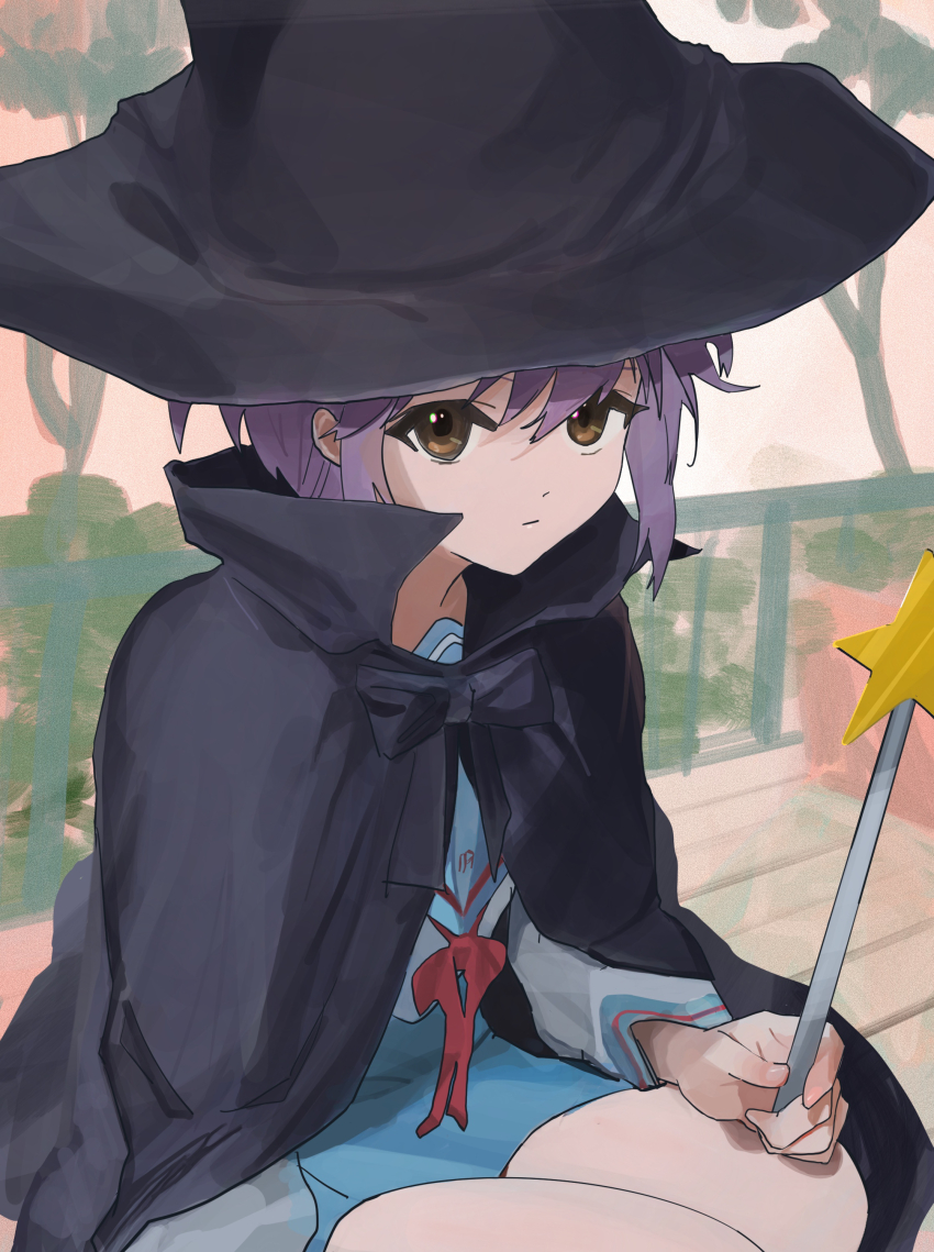 1girl absurdres black_cape black_hat blue_skirt brown_eyes cape expressionless hat highres holding holding_wand kita_high_school_uniform looking_at_viewer nagato_yuki outdoors purple_hair school_uniform short_hair sitting skirt solo star_wand suzumiya_haruhi_no_yuuutsu wand witch witch_hat yu_ni_taro