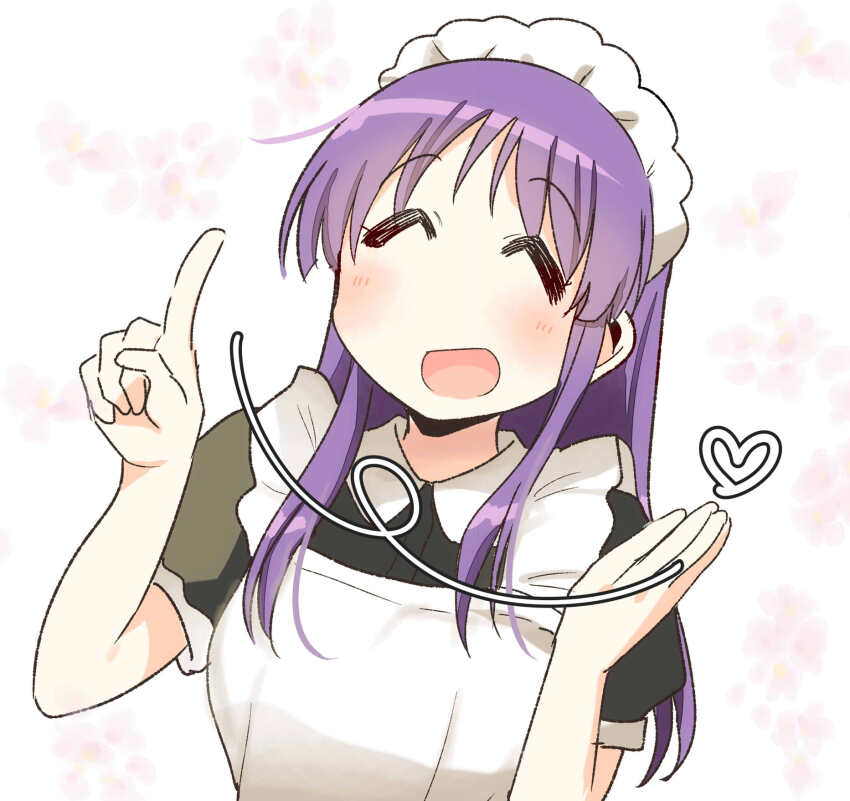 1girl alternate_costume apron blush closed_eyes enmaided facing_viewer hands_up happy heart highres hinata_yukari index_finger_raised long_hair maid maid_apron maid_headdress open_mouth puffy_short_sleeves puffy_sleeves purple_hair short_sleeves smile solo tatsunokosso upper_body white_apron white_headdress yuyushiki