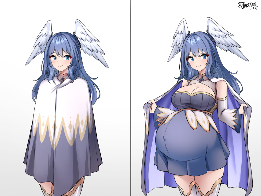 1girl absurdres blue_eyes breasts cleavage cloak closed_mouth covered_navel detached_sleeves dress gradient_background grey_background head_wings highres jarckius large_breasts long_hair melia_antiqua nervous open_cloak open_clothes pregnant short_dress smile taut_clothes white_background wings xenoblade_chronicles_(series) xenoblade_chronicles_3