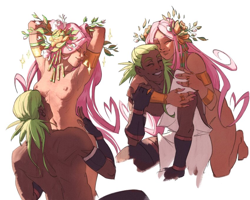 1boy 1girl adonis_(dianaii) aphrodite_(hades) arms_behind_head arms_up blush breasts closed_eyes closed_mouth completely_nude couple dark-skinned_male dark_skin dianaii fingernails flower green_hair grin hades_(series) hades_1 hair_flower hair_ornament hetero highres hug hug_from_behind interracial kissing_stomach kneeling long_hair multiple_views nipples nude pink_hair pink_lips pink_nails robe simple_background sitting small_breasts smile toga very_dark_skin very_long_hair white_background white_robe