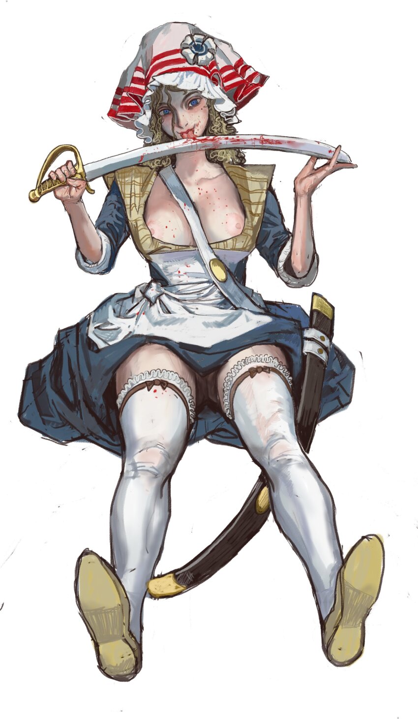 1girl absurdres blonde_hair blood blood_on_clothes blood_on_face blood_splatter bloody_weapon blue_dress blue_eyes breasts cleavage cutlass dress hat highres licking licking_weapon mossacannibalis nipple_slip nipples original sash shoes sitting thighhighs tongue wavy_hair weapon white_sash