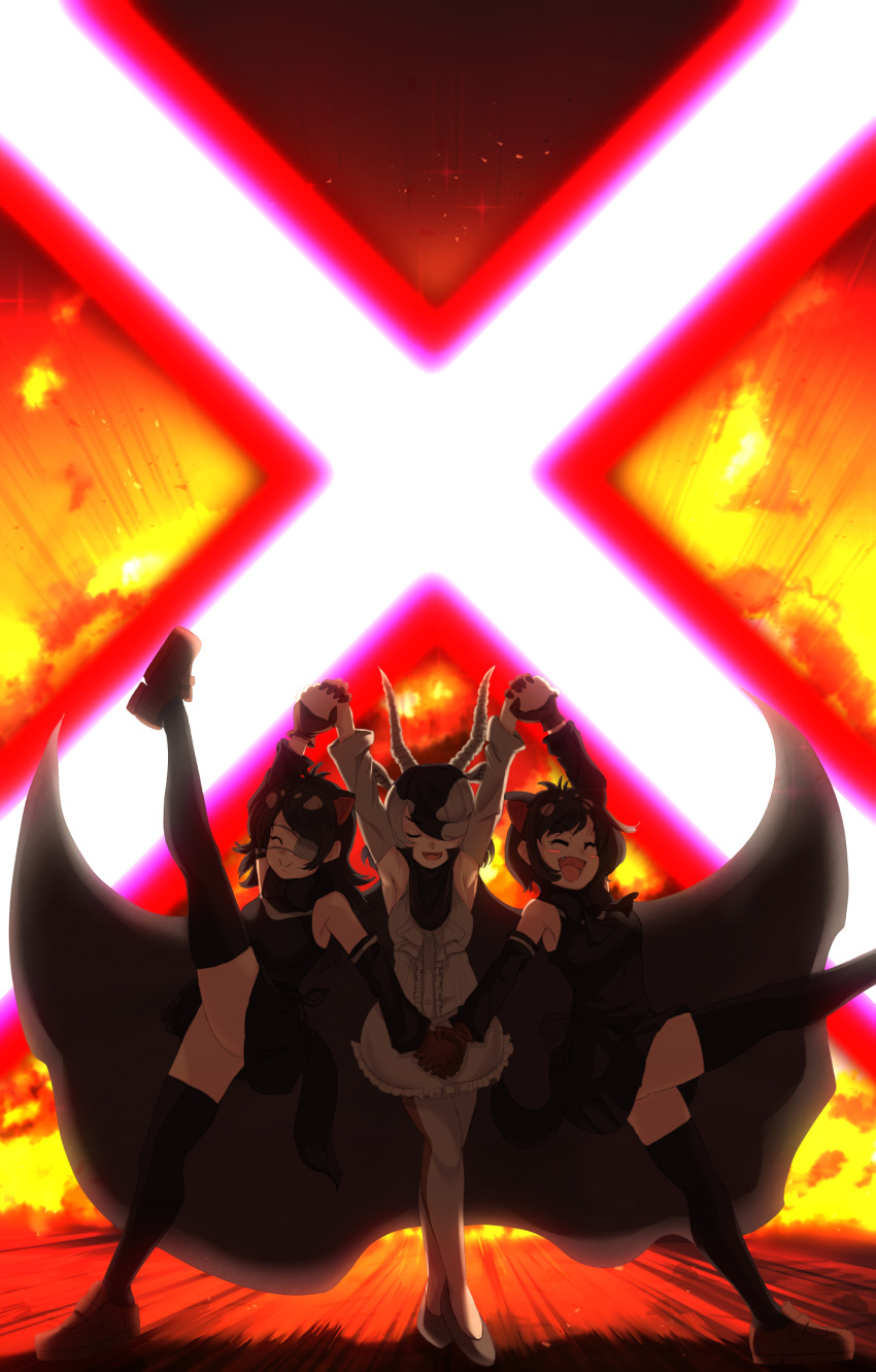 3girls :d ^_^ animal_ears antelope_ears antelope_horns arm_up armpits arms_up australian_devil_(kemono_friends) backlighting bare_shoulders batten_japari_dan black_hair blackbuck_(kemono_friends) blush_stickers c: cape center_frills clip_studio_paint_(medium) closed_eyes closed_mouth detached_sleeves explosion extra_ears eyepatch fang frills full_body gakukuru gloves grey_hair highres holding_hands horns kemono_friends leg_up pantyhose_under_shorts medical_eyepatch medium_hair multicolored_hair multiple_girls open_mouth outstretched_arms pantyhose parted_bangs scarf shirt shoes shorts side-by-side sidelocks sleeveless sleeveless_shirt smile standing standing_on_one_leg swept_bangs tail tasmanian_devil_(kemono_friends) tasmanian_devil_ears tasmanian_devil_tail thighhighs two-tone_hair zettai_ryouiki |d