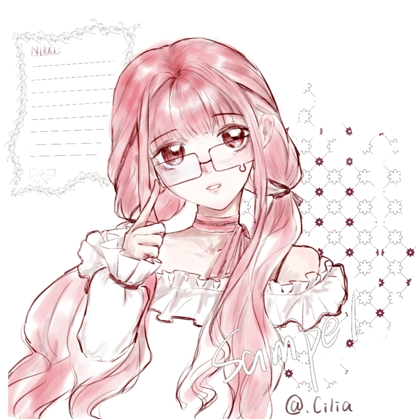 1girl artist_name bare_shoulders bespectacled black-framed_eyewear black_bow black_ribbon blunt_bangs bow bow_choker bowtie bra_strap brown_eyes cherry.jin choker cropped_torso eyelashes finger_to_eyewear frilled_shirt frilled_sleeves frills glasses hair_bow hair_half_over_shoulder hair_intakes hair_ribbon highres infinity_nikki letter light_blush lipstick long_hair long_sleeves looking_at_viewer low_twintails makeup monochrome nikki_(nikki) nikki_(series) off-shoulder_shirt off_shoulder open_mouth perfect_start_(infinity_nikki) pink_bow pink_bowtie pink_choker pink_hair pink_lips puffy_long_sleeves puffy_sleeves ribbon sample_watermark shirt single_stripe sleeves_past_wrists smile solo striped_bow striped_bowtie striped_choker striped_clothes teardrop-framed_glasses tress_ribbon twintails very_long_hair watermark wavy_hair white_background white_shirt