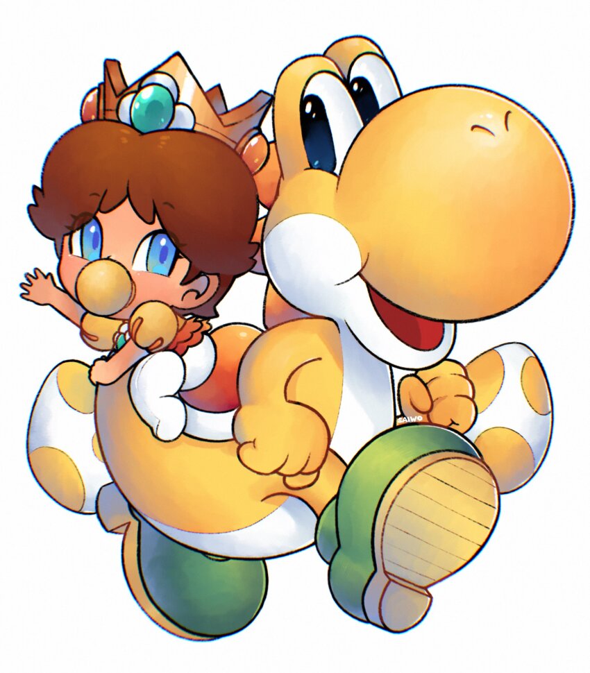 1girl baby_daisy blue_eyes boots brown_hair crown diaper dress highres looking_at_viewer mario_(series) nintendo open_mouth orange_dress pacifier pantyhose princess_daisy saiwoproject shell short_hair simple_background white_background white_pantyhose yellow_yoshi yoshi yoshi_egg