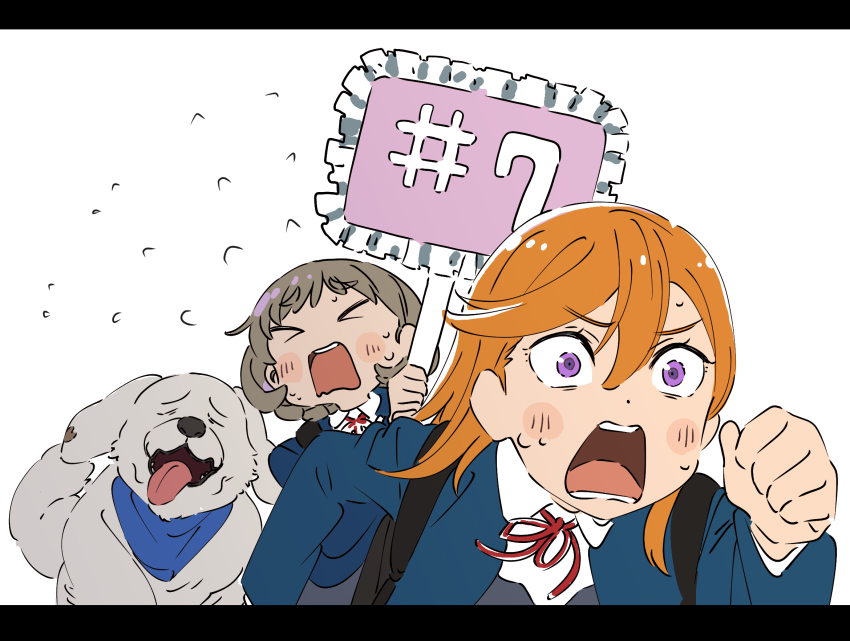 &gt;_&lt; 2girls blue_jacket blush chasing chibi_(love_live!_superstar!!) clenched_hand collared_shirt commentary_request dog dress dress_shirt fleeing flying_sweatdrops grey_dress highres holding holding_sign jacket letterboxed light_brown_hair long_hair long_sleeves love_live! love_live!_superstar!! multiple_girls neck_ribbon open_clothes open_jacket orange_hair placard purple_eyes red_ribbon ribbon running saitou_atsushi_(kamatamanankotu) school_uniform shibuya_kanon shirt short_hair sign simple_background tang_keke teeth tongue tongue_out upper_teeth_only v-shaped_eyebrows white_background white_dog white_shirt winter_uniform yuigaoka_school_uniform