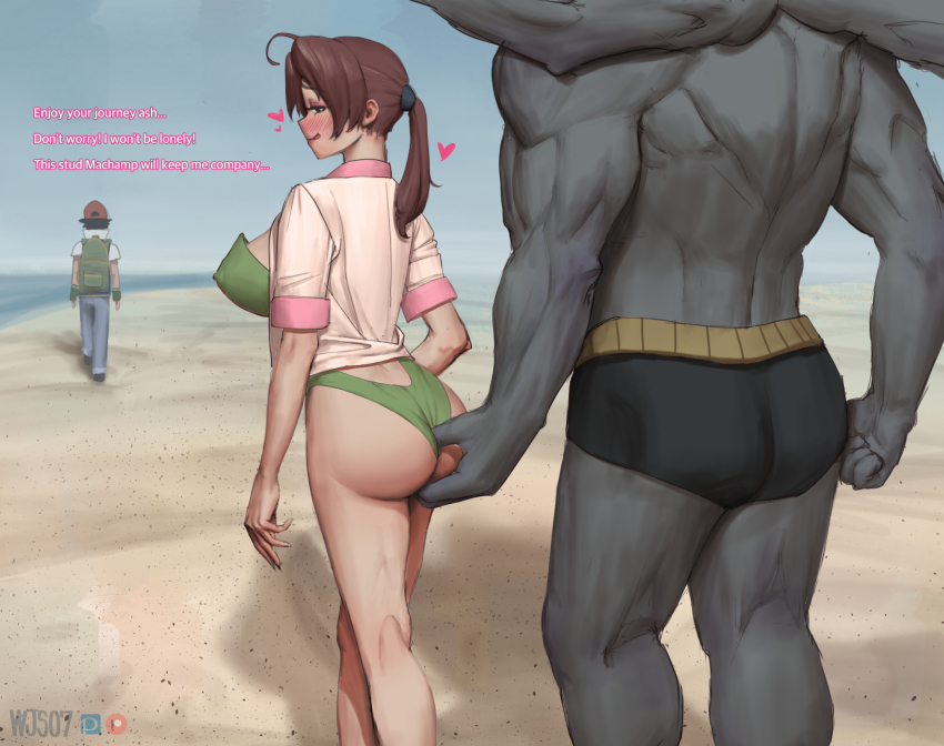 1girl 2boys ash_ketchum ass ass_grab beach blush breasts delia_ketchum english_text gen_1_pokemon green_one-piece_swimsuit hat heart highres imminent_penetration large_breasts looking_at_another machamp mature_female mother_and_son motherly_netorare multiple_boys naughty_face nintendo ocean one-piece_swimsuit outdoors pokemon pokemon_(anime) pokemon_(classic_anime) pokemon_(creature) pokemon_ep018 stealth_fingering swimsuit walking wjs07