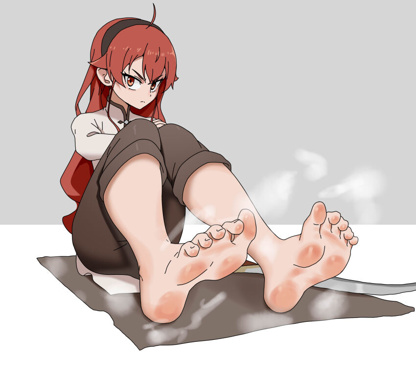 1girl absurdres barefoot eris_greyrat feet hairband highres long_hair looking_at_viewer mushoku_tensei paxa349 red_eyes red_hair soles steam toes