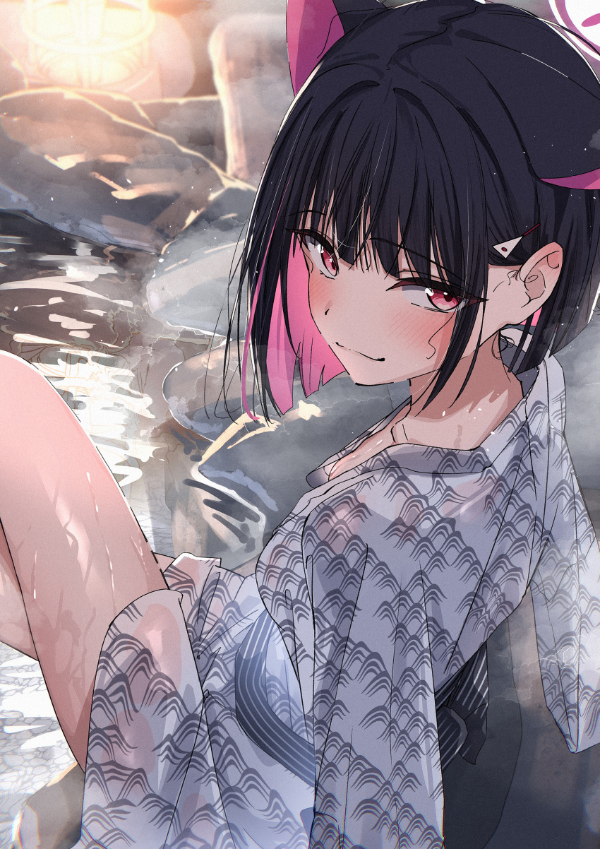 1girl absurdres alternate_costume animal_ears black_hair black_sash blue_archive blunt_bangs blunt_ends cat_ears cat_girl closed_mouth colored_inner_animal_ears commentary_request extra_ears from_side hair_behind_ear hair_ornament hairclip highres innertube japanese_clothes kazu_(kauk3753) kazusa_(blue_archive) kimono looking_at_viewer multicolored_hair onsen pink_eyes sash short_hair sidelocks smile solo striped_sash swim_ring two-tone_hair wet white_kimono