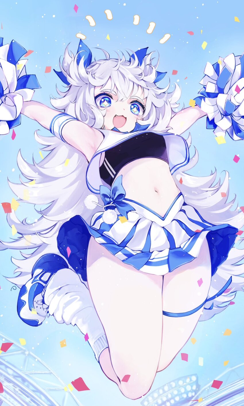 +_+ 1girl :d black_sports_bra blue_bow blue_bowtie blue_eyes blue_ribbon blue_shoes blue_skirt blush bow bowtie breasts cheerleader crop_top day goddess_of_victory:_nikke hair_ribbon highres jumping kori_beta_ebi long_hair midriff navel official_alternate_costume open_mouth poli_(cheer_up_police)_(nikke) poli_(nikke) pom_pom_(cheerleading) ribbon shoes short_twintails sidelocks skirt small_breasts smile sneakers socks solo sports_bra thighs twintails two-tone_skirt very_long_hair wavy_hair white_hair white_skirt white_socks