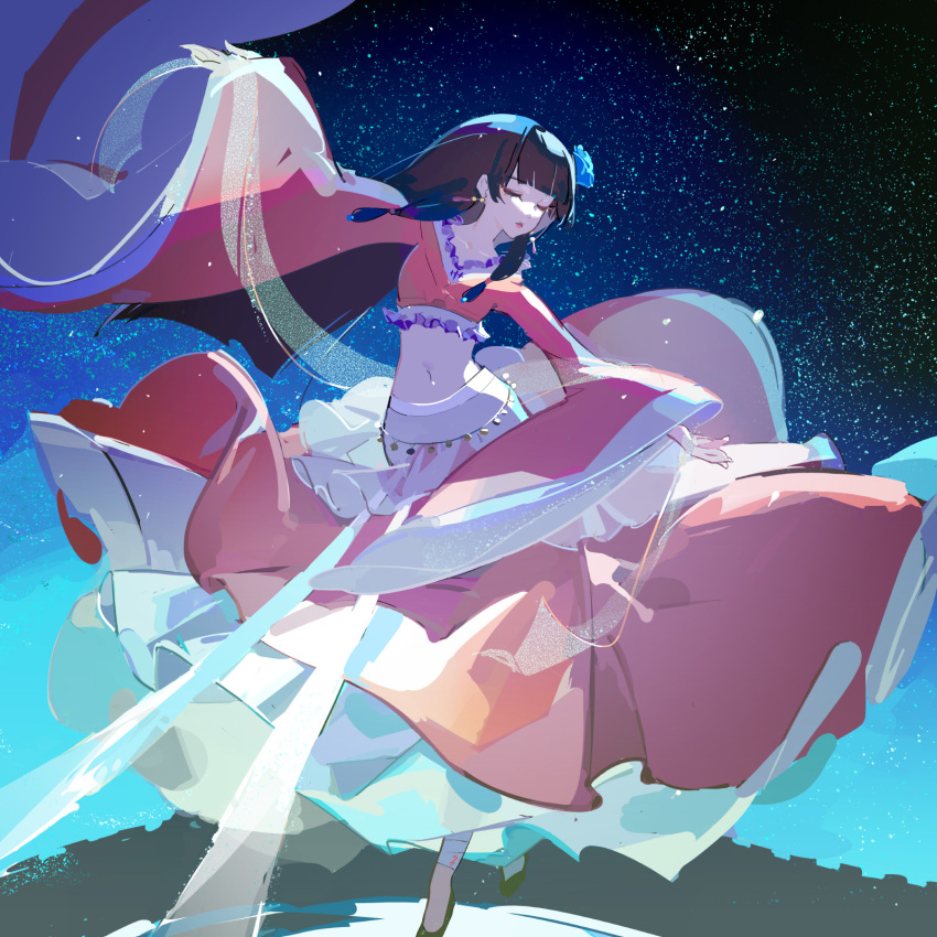 1girl blue_flower blunt_bangs blunt_ends closed_eyes collarbone commentary dancer dancing earrings expressionless eyeliner floating_clothes flower frills full_body hagoromo hair_flower hair_ornament highres jewelry kusuriya_no_hitorigoto long_hair long_skirt long_sleeves low-tied_sidelocks makeup maomao_(kusuriya_no_hitorigoto) midriff navel night night_sky parted_lips pink_lips pink_skirt red_eyeliner shawl sidelocks skirt sky solo star_(sky) starry_sky tennohi v-neck wide_sleeves