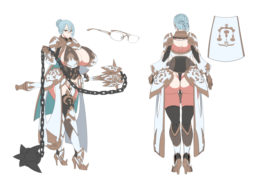 1girl aqua_hair armor armored_boots ass backless_outfit ball_and_chain_(weapon) boots breasts chain cleavage commentary_request glasses gold_trim gorget greaves hair_bun high_heels highres huge_breasts katisha_(kyonyuu_fantasy_burst) kyonyuu_fantasy kyonyuu_fantasy_burst large_breasts mace nipples partially_visible_vulva pelvic_curtain reference_sheet remu_(kirieroido) shoulder_armor shoulder_blades simple_background solo spiked_mace spikes thighhighs thong v weapon yellow_eyes