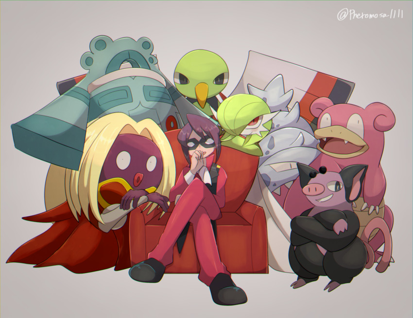1boy 2girls a-nya artist_name ascot black_eyes black_footwear black_vest blonde_hair bob_cut bright_pupils bronzong chair chromatic_aberration claws collared_shirt colored_skin constricted_pupils crossed_arms crossed_legs domino_mask dress fangs full_body gardevoir gen_1_pokemon gen_2_pokemon gen_3_pokemon gen_4_pokemon green_hair green_skin grey_background grin grumpig hair_intakes hair_over_one_eye hand_to_own_mouth hand_up happy jynx layered_sleeves leaning_on_object long_hair long_sleeves looking_to_the_side looking_up mask multicolored_skin multiple_girls nintendo on_chair one_eye_covered open_mouth pants pokemon pokemon_(creature) pokemon_hgss purple_hair purple_skin red_dress red_eyes red_lips red_pants red_shirt sharp_teeth shirt shoes short_hair sidelocks signature simple_background sitting slowbro smile standing teeth twitter_username two-tone_skin vest white_ascot white_pupils white_skin will_(pokemon) xatu