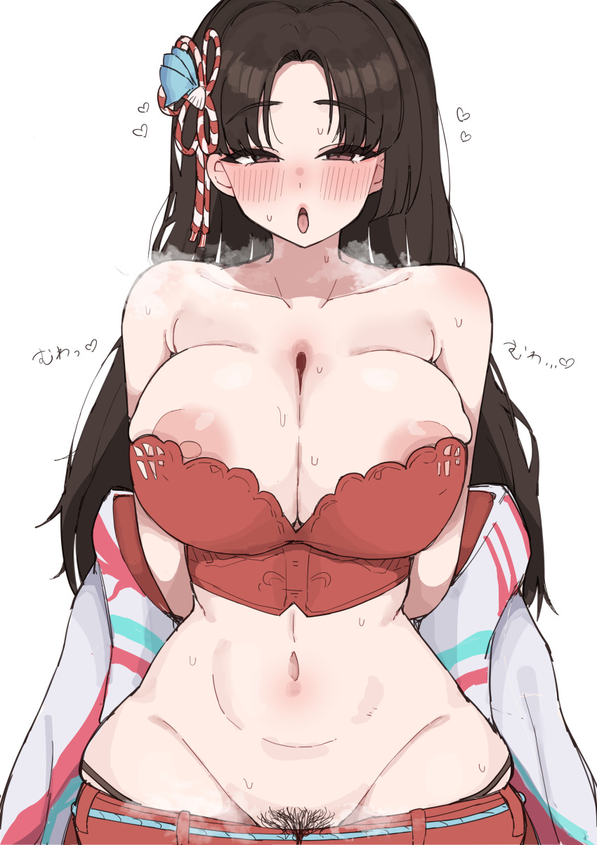 1girl areola_slip arms_behind_back blush breasts brown_eyes brown_hair cleavage futon_infinity hair_ornament heavy_breathing highres large_areolae large_breasts long_hair looking_at_viewer nipple_slip nipples open_mouth parted_lips pubic_hair shiranui_mai simple_background solo steam street_fighter sweat tongue tongue_out wide_hips