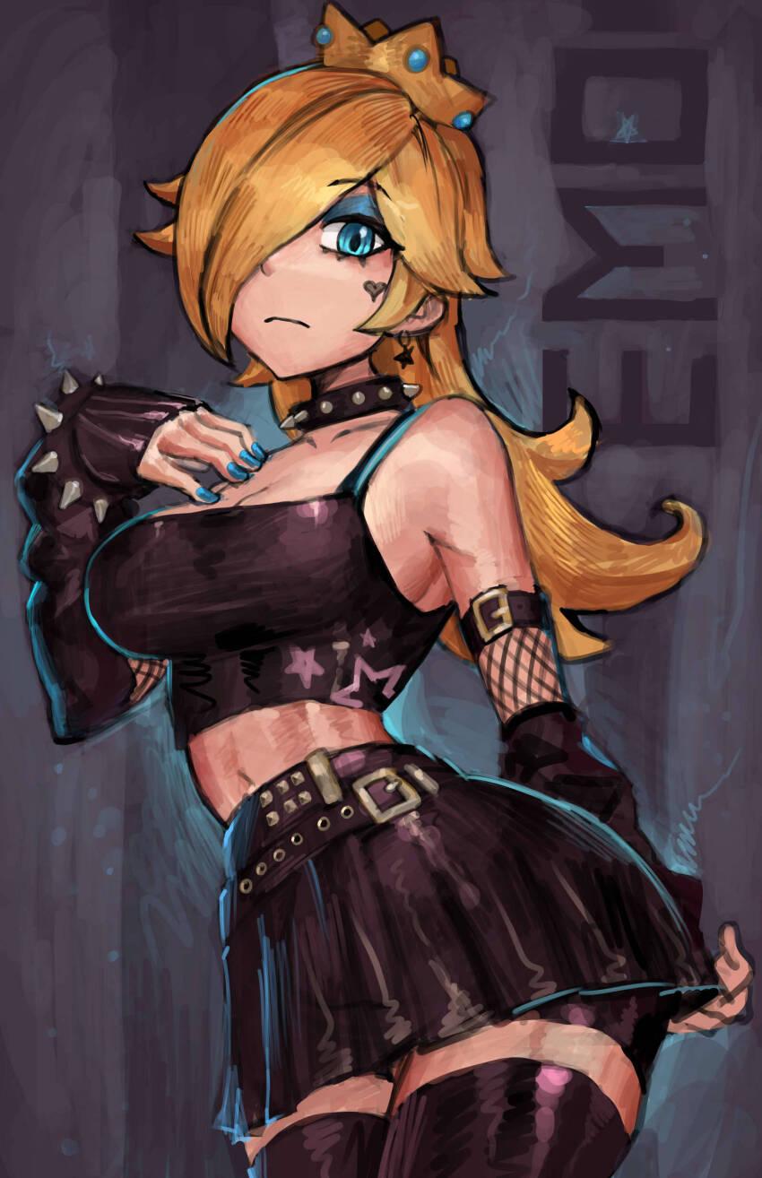 1girl absurdres bare_shoulders belt black_belt black_choker black_gloves black_shorts black_skirt black_tank_top black_thighhighs blonde_hair blue_eyes blue_eyeshadow blue_nails bracelet breasts choker commentary crown earrings emo_fashion english_commentary english_text eyeshadow facial_tattoo fingerless_gloves fishnet_armwear gloves gold_crown goth_fashion grey_background hair_over_one_eye highres jewelry long_hair looking_at_viewer makeup mario_(series) marker_(medium) midriff multiple_belts nail_polish navel nintendo rosalina saiykik shorts shorts_under_skirt skirt solo spiked_bracelet spiked_choker spikes star_(symbol) star_earrings studded_choker tank_top tattoo thighhighs thighs traditional_media