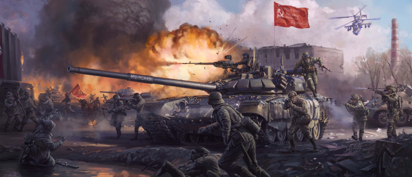 absurdres aiming aiming_at_viewer aircraft ak-74 ak-74m ammunition_pouch armored_personnel_carrier armored_vehicle assault_rifle attack_helicopter battle battle_standard bolt_action combat_helmet explosive flag fleeing gun gun_sling hammer_and_sickle helicopter helmet highres jeffholy kalashnikov_rifle kamov_ka-52 military military_combat_uniform military_uniform military_vehicle mosin-nagant motor_vehicle nazi original pouch ppsh-41 puddle red_star rifle rocket_launcher rpg_(weapon) russia russian_ground_forces russo-ukrainian_war smoke soldier soviet soviet_army star_(symbol) submachine_gun t-34 t-72 tank tank_helmet time_paradox unworn_headwear unworn_helmet war war_flag weapon weapon_on_back world_war_ii