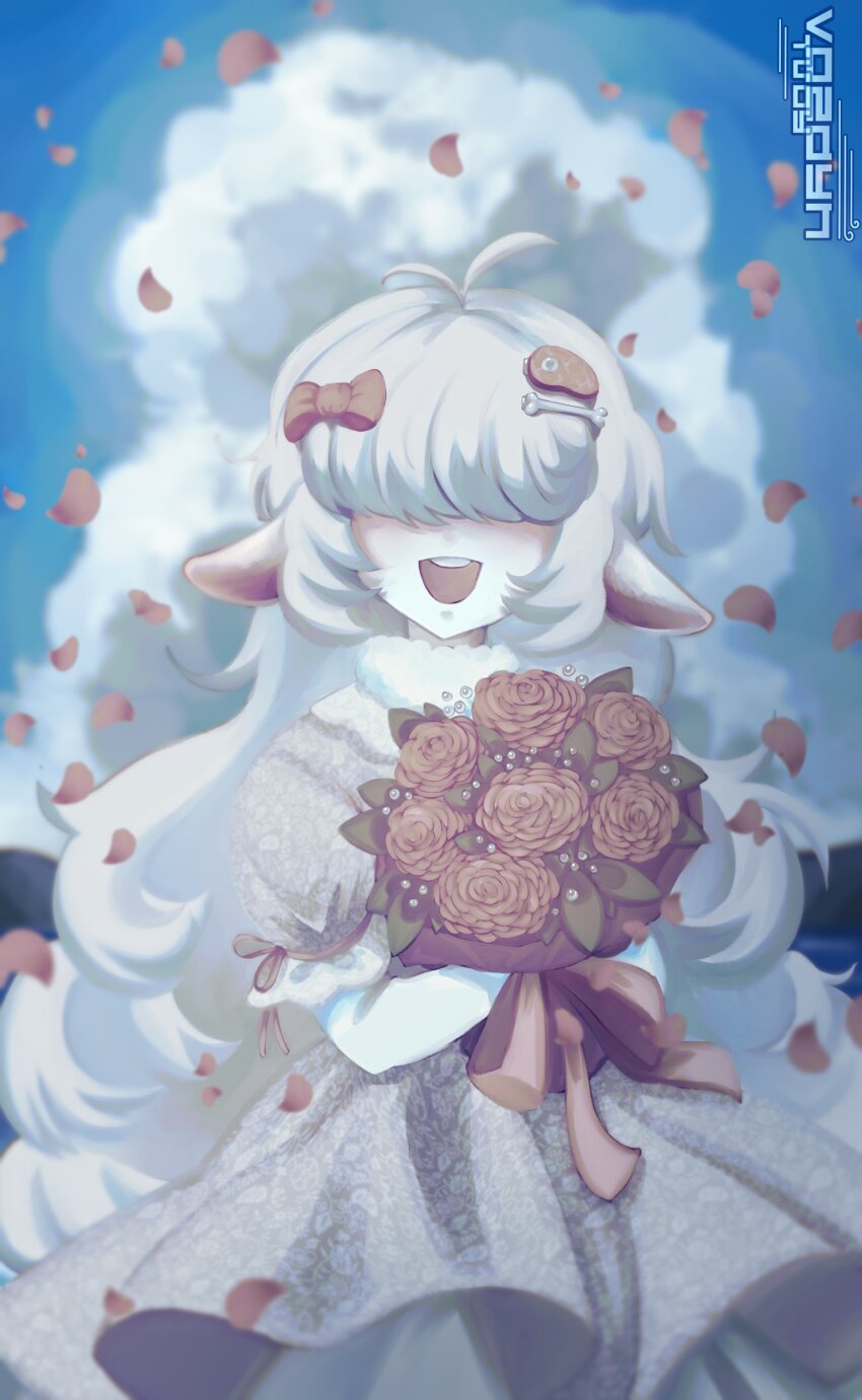 1girl absurdres ahoge animal_ears artist_name blue_sky blurry blurry_background bouquet bow cloud colored_skin commentary cowboy_shot crossed_arms depth_of_field dress english_commentary floating_clothes floral_print_dress flower grey_dress hair_bow hair_ornament hair_over_eyes hairclip highres holding holding_bouquet long_hair monster_girl open_mouth original outdoors rose round_teeth sheep_ears sheep_girl sky smile solo straight-on teeth tvoyvozdyh very_long_hair white_hair white_skin wool
