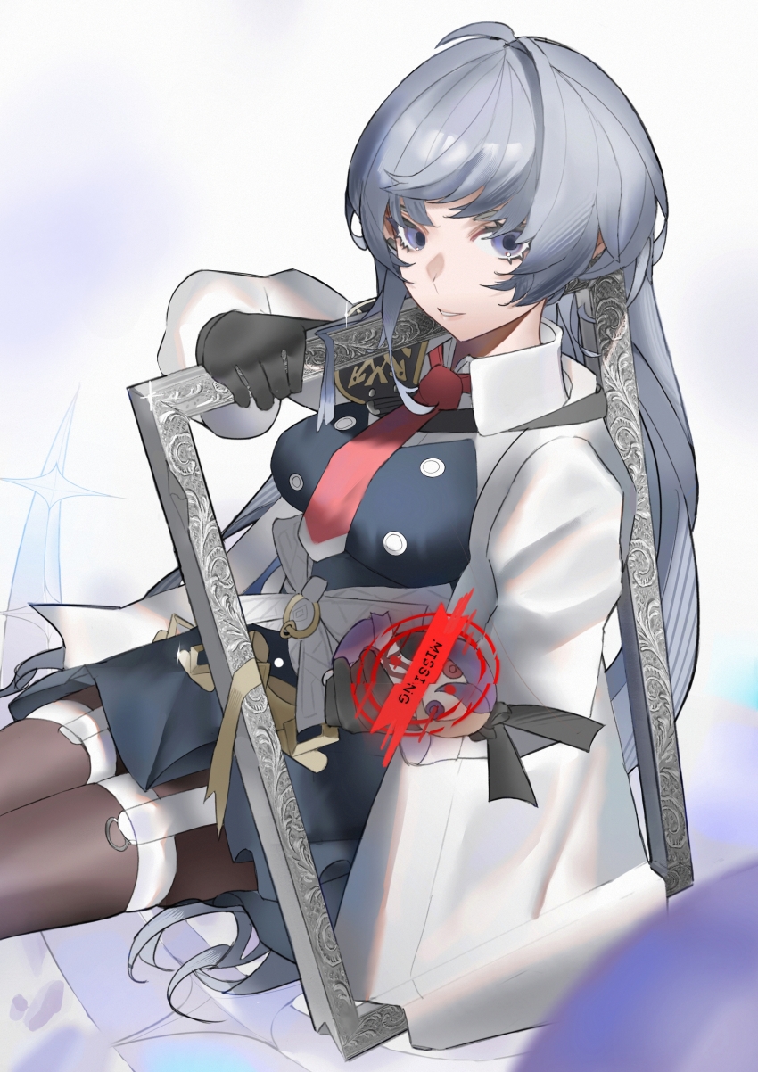 1girl absurdres arcaea black_gloves black_pantyhose black_skirt bow collared_shirt earrings gloves hair_between_eyes highres insight_(arcaea) jewelry long_sleeves necktie pantyhose picture_frame purple_eyes red_necktie shirt single_shoulder_pad skirt smile solo thannlong thigh_strap white_hair white_shirt yellow_bow