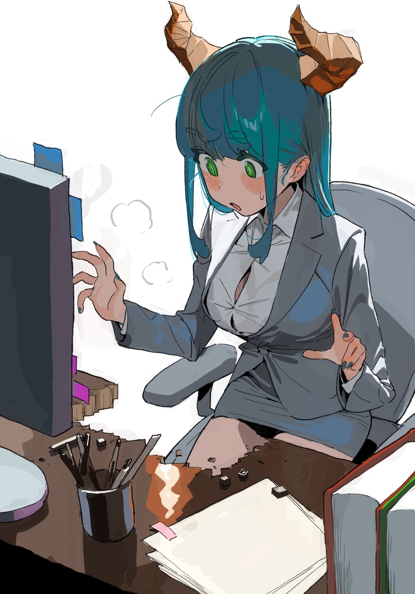 absurdres aqua_hair book chair collared_shirt dress_shirt formal_clothes highres horns monitor office_chair office_lady original papers pen pencil pencil_skirt shirt simple_background sitting skirt skirt_suit some1else45 suit swivel_chair white_shirt