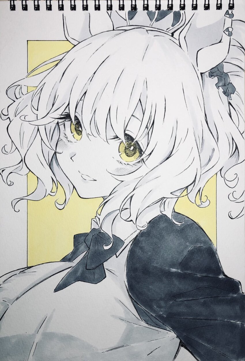 1girl animal_ears aston_machan_(flare)_(umamusume) aston_machan_(umamusume) breasts commentary_request greyscale hair_between_eyes hair_ornament highres horse_ears horse_girl large_breasts light_blush looking_at_viewer mizuiro_neko monochrome open_mouth photo_(medium) portrait ribbon short_hair sidelocks smile solo spot_color traditional_media umamusume yellow_background yellow_eyes