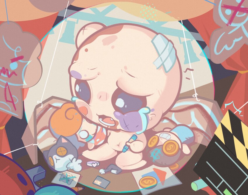 1boy bandaid beaten bleeding blood blood_from_mouth blood_on_face bruise bruise_on_face character_doll child children&#039;s_day closed_eyes closed_mouth crayon crying dice doll father_(the_binding_of_isaac) guppy_(the_binding_of_isaac) hand_puppet happy highres holding holding_doll injury lying mother_(the_binding_of_isaac) navel on_back puppet streaming_tears stuffed_animal stuffed_toy tainted_isaac_(the_binding_of_isaac) tears the_binding_of_isaac tooza toy