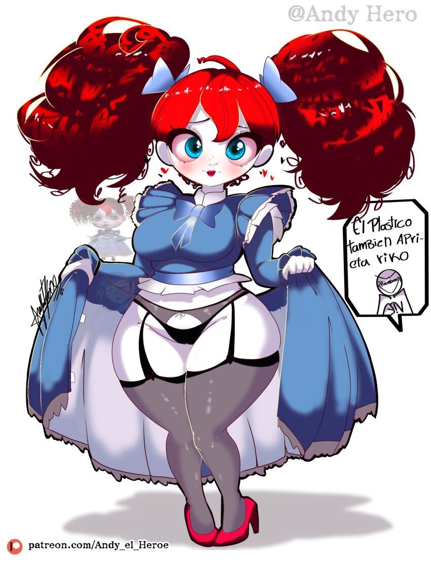 andy_hero artist_name breasts clothes_lift dress dress_lift garter_belt high_heels highres lipstick makeup poppy_(poppyplaytime) poppy_playtime poppy_playtime_(character) red_hair red_heels shortstack twintails