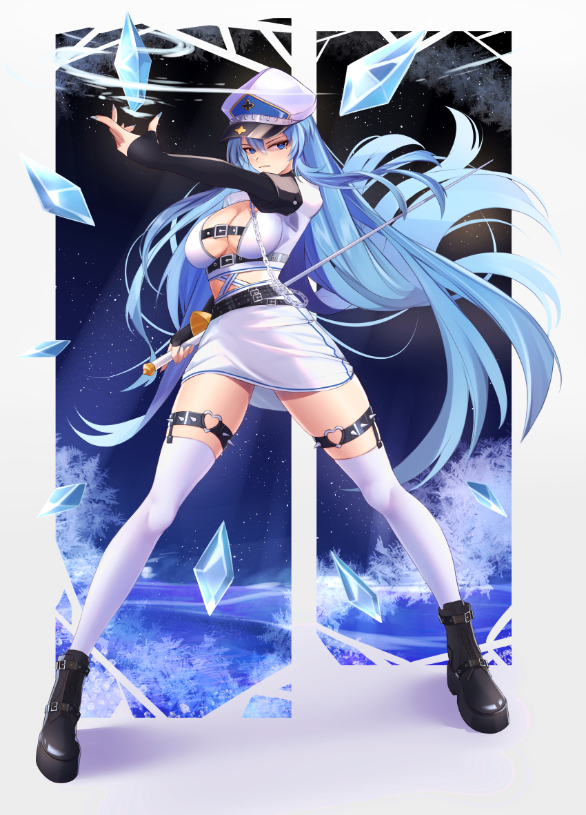 1girl absurdres akame_ga_kill! blue_eyes blue_hair breasts chain closed_mouth esdeath full_body hair_between_eyes hat heart heart_o-ring highres holding holding_sword holding_weapon ice ice_shard jacket long_hair long_sleeves looking_at_viewer masamura_(masamura_eliza) o-ring o-ring_thigh_strap peaked_cap rapier skirt solo standing sword thigh_strap thighhighs very_long_hair weapon white_jacket white_skirt white_thighhighs