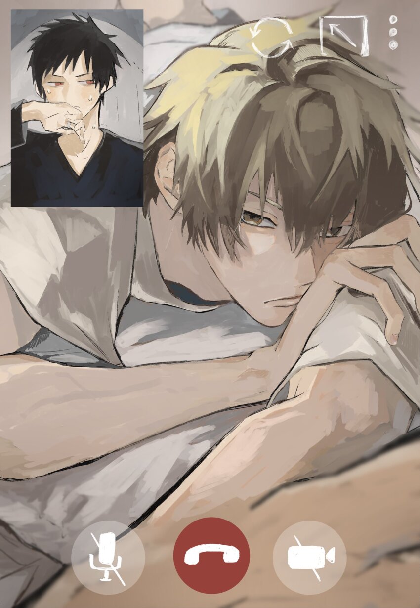2boys black_shirt blonde_hair blush brown_eyes closed_mouth commentary_request covering_own_mouth durarara!! heiwajima_shizuo highres looking_ahead looking_to_the_side lying male_focus multiple_boys namaemendoiyo nervous_sweating on_stomach orihara_izaya parted_hair red_eyes shirt short_sleeves sideways_glance sweat v-neck white_shirt yaoi