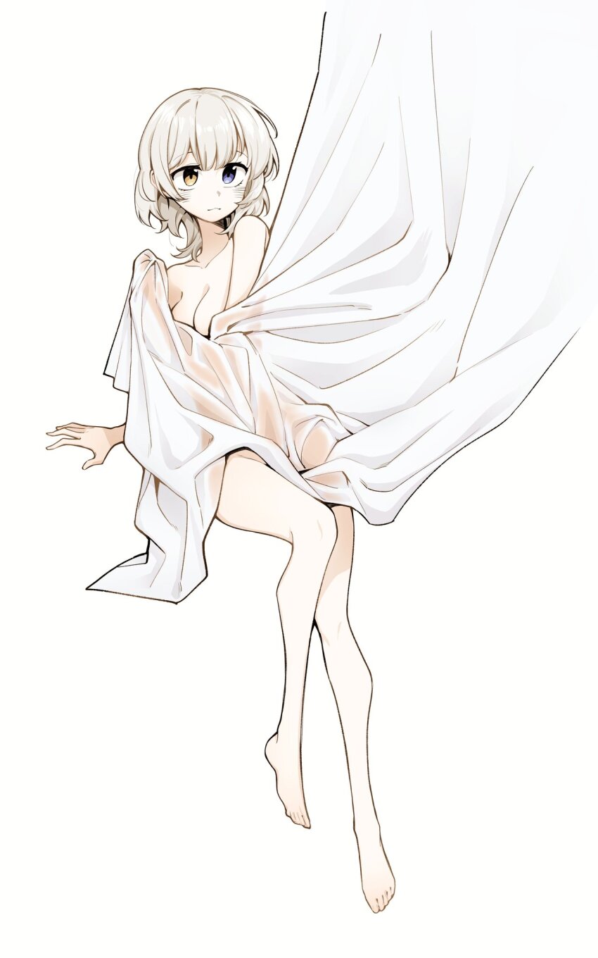 1girl bang_dream! bang_dream!_it&#039;s_mygo!!!!! blue_eyes blush breasts closed_mouth commentary completely_nude covering_privates curtains english_commentary full_body heterochromia highres kaname_raana medium_breasts neonfloyd nude nude_cover simple_background smile solo white_background yellow_eyes