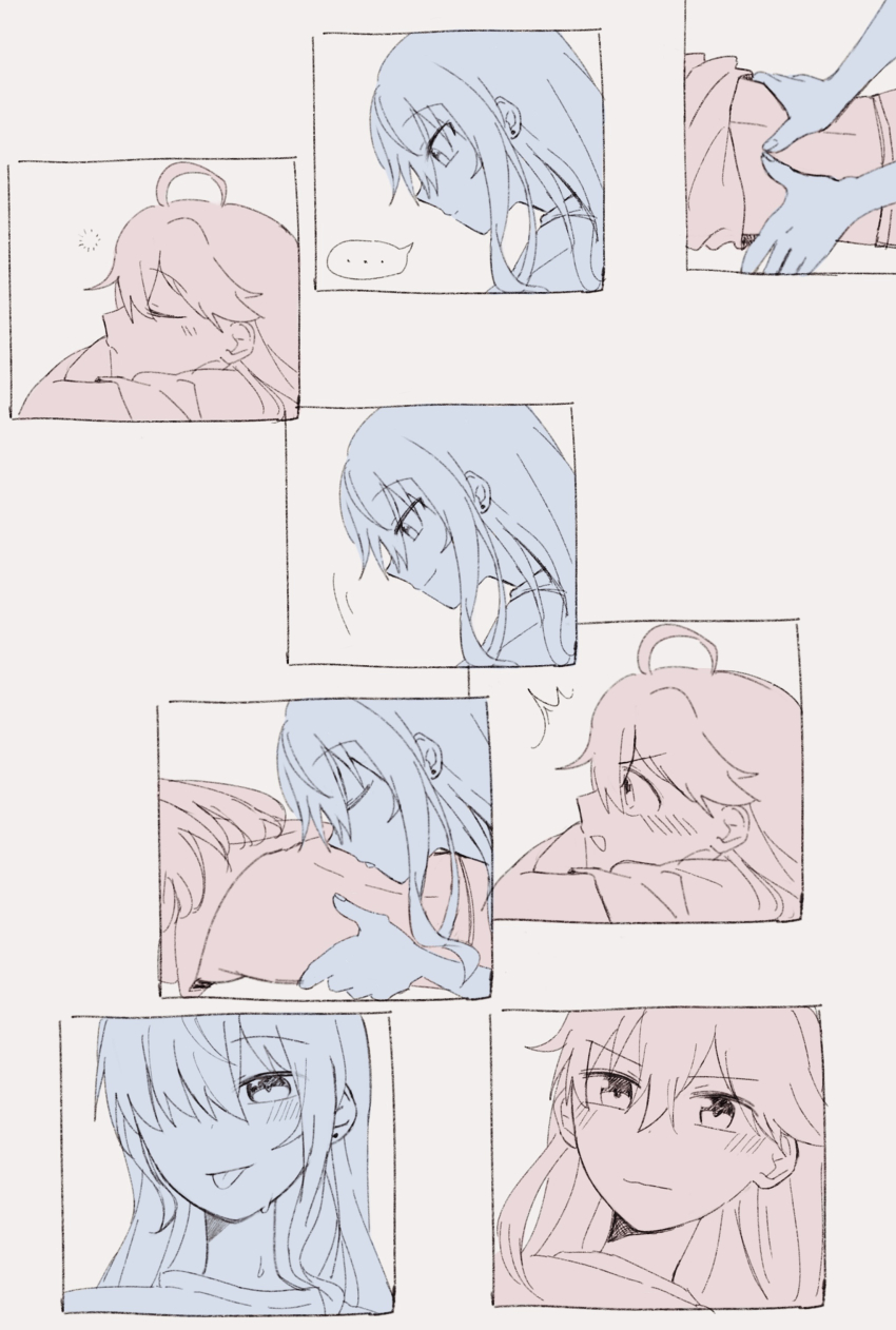 ... 2girls absurdres blue_hair blush commentary ear_blush green_eyes highres hololive hoshimachi_suisei licking_another&#039;s_back long_hair massage multiple_girls parted_lips pink_hair purple_eyes sakura_miko simple_background smile spoken_ellipsis squeans star_(symbol) star_in_eye symbol-only_commentary symbol_in_eye translation_request virtual_youtuber white_background yumi5469 yuri