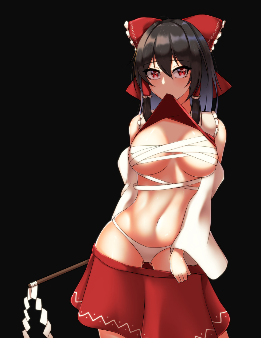 1girl absurdres black_background black_hair bow breasts clothes_in_mouth clothes_lift clothes_pull collar gohei hair_bow hair_tubes hakurei_reimu highres large_breasts leo23 midriff miniskirt mouth_hold navel nontraditional_miko panties red_bow red_eyes red_shirt red_skirt sarashi shirt shirt_in_mouth shirt_lift sidelocks simple_background skirt skirt_pull solo touhou underwear white_collar white_panties