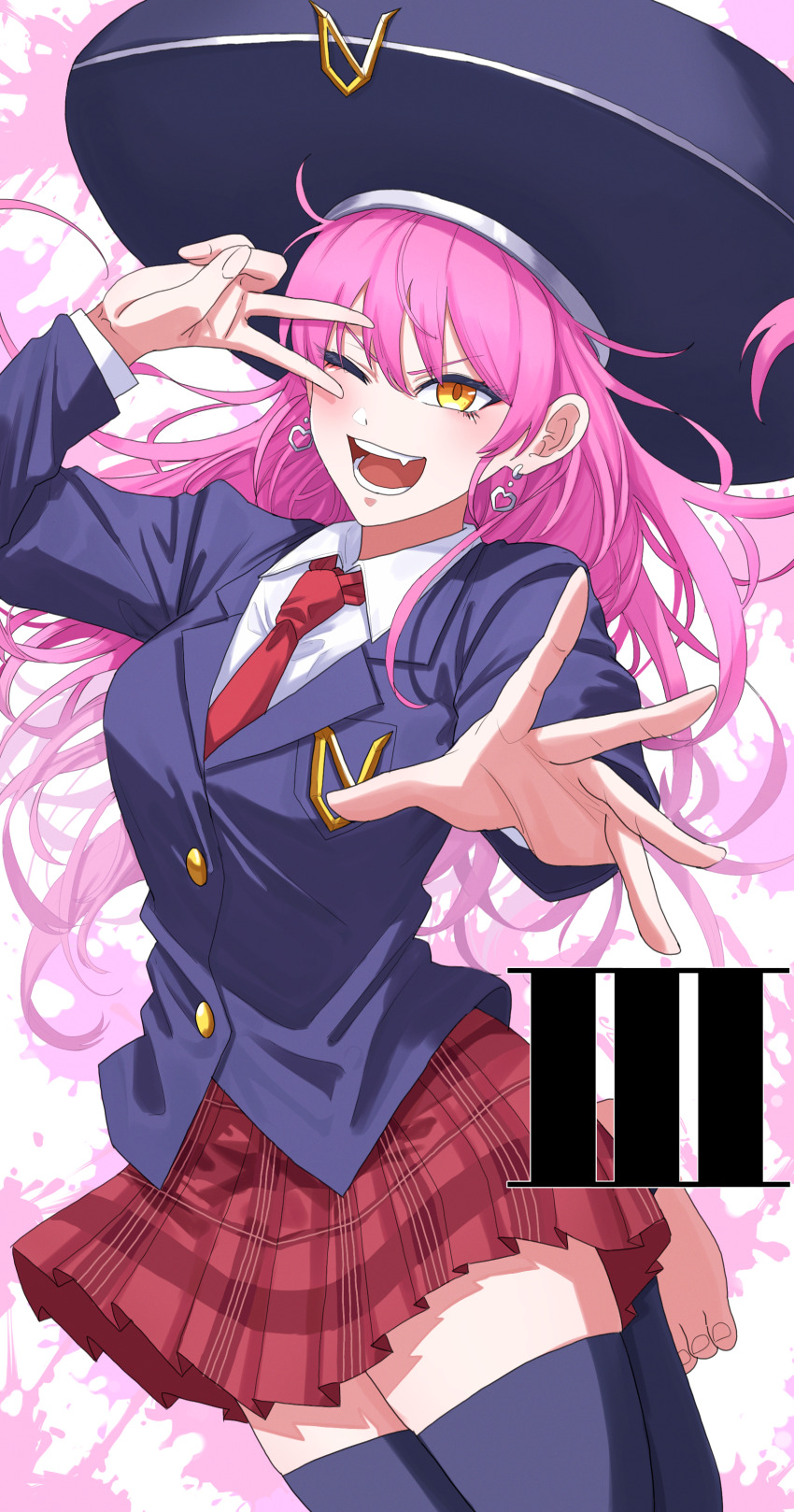 1girl absurdres barefoot black_headwear black_thighhighs blazer earrings gina_(undead_unluck) hand_up heart heart_earrings highres jacket jewelry long_hair long_sleeves necktie one_eye_closed pink_hair plaid_clothes plaid_skirt pocket red_necktie red_skirt shishiruto skirt solo thighhighs undead_unluck very_long_hair yellow_eyes