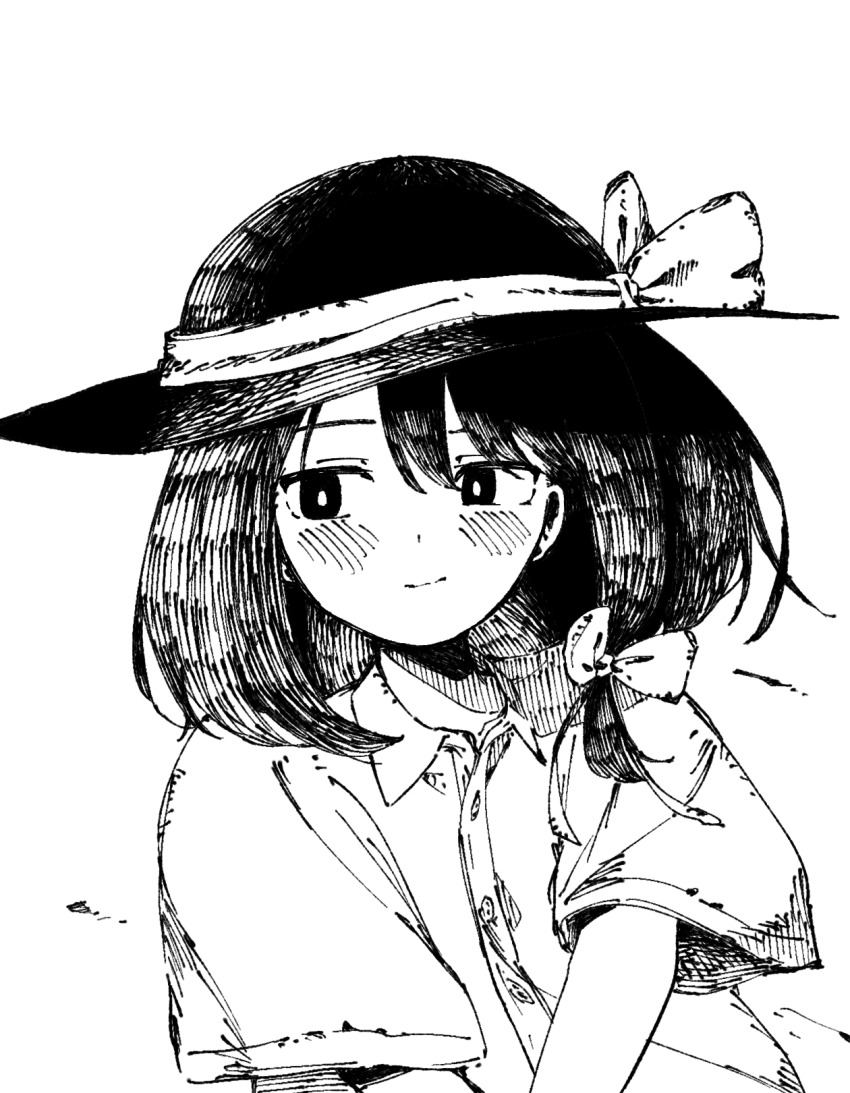 1girl blush bow bright_pupils closed_mouth collared_shirt commentary_request dot_nose dress_shirt greyscale hat hat_bow highres medium_hair monochrome nama_udon shirt short_sleeves simple_background solo touhou upper_body usami_renko white_background