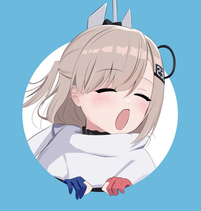 1girl absurdres blue_gloves blush closed_eyes commentary_request gloves grey_hair hair_between_eyes hair_ornament headgear highres kantai_collection l_meet onii-chan_wa_oshimai! open_mouth parody partially_fingerless_gloves red_gloves scarf simple_background solo upper_body wahoo_(kancolle) white_scarf