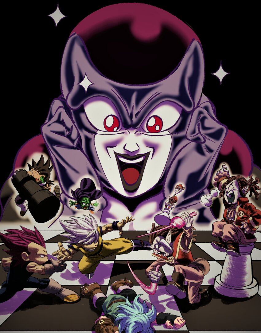 1girl 6+boys absurdres antenna_hair arm_up asymmetrical_dual_wielding bardock black_background black_frieza blue_hair board_game boots brown_boots cape chess chess_piece chessboard chibi closed_eyes colored_skin commentary dragon_ball dragon_ball_super dreadlocks dual_wielding elec_(dragon_ball) english_commentary excited fingerless_gloves frieza gas_(dragon_ball) gloves granolah_(dragon_ball) green_skin highres holding horns koralldiz lying macki_(dragon_ball) monaito_(dragon_ball) multiple_boys muscular muscular_male namekian oil_(dragon_ball) old old_man on_stomach open_mouth pointing pointing_up pointy_ears purple_cape purple_hair purple_skin rapier red_eyes reverse_grip scouter shadow smile son_goku sparkle sword tears ultra_ego_(dragon_ball) ultra_instinct vegeta weapon white_boots white_gloves white_hair