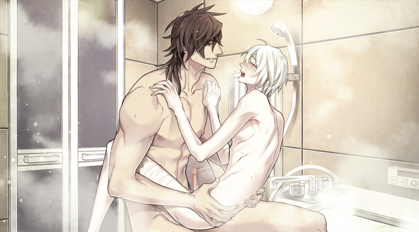 2boys anal baku_(slow_damage) bathroom bathtub black_hair blush censored clenched_teeth closed_eyes cuts game_cg hands_on_another&#039;s_chest highres holding_another&#039;s_waist injury looking_at_another male_focus mirror moaning multiple_boys multiple_scars muscular muscular_male nipples nitro+_chiral nude official_art penis pushing_away scar scar_on_leg self-harm_scar shiro_(slow_damage) showering skinny slow_damage slow_damage:_clean_dishes soap_bubbles steam teeth white_hair yamada_uiro yaoi