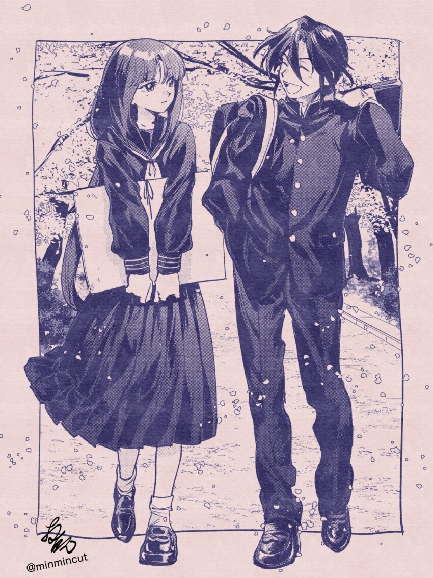 1boy 1girl ^_^ after_war_gundam_x alternate_costume border chanmura closed_eyes faux_traditional_media gakuran garrod_ran gundam hair_between_eyes highres holding leaning_to_the_side long_hair monochrome open_mouth outside_border petals school_uniform serafuku shoes smile socks tiffa_adill tree very_long_hair walking