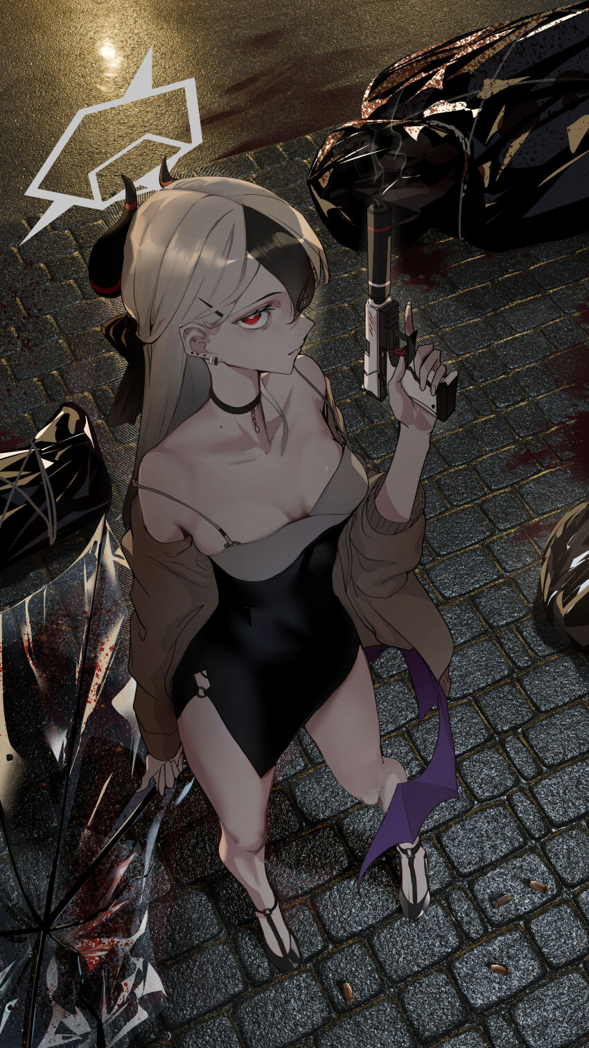1girl absurdres black_choker black_hair black_horns blood blue_archive body_bag breasts brick_floor choker cleavage closed_mouth commentary_request demon_horns ear_piercing earclip floor grey_halo gun h&amp;k_p30 hair_between_eyes halo handgun highres horns implied_murder kayoko_(blue_archive) kayoko_(dress)_(blue_archive) long_hair long_sleeves looking_up mole mole_on_neck multicolored_hair official_alternate_costume piercing red_eyes saigakobaru single_wing solo suppressor two-tone_hair weapon white_hair wings