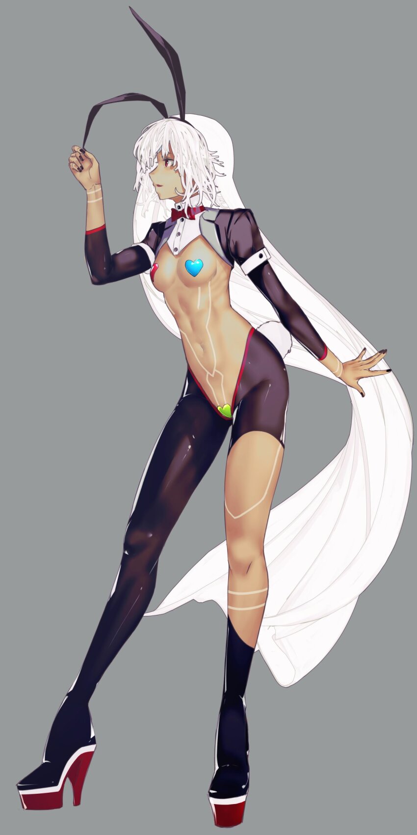 1girl absurdres altera_(fate) animal_ears asymmetrical_legwear breasts dark-skinned_female dark_skin fake_animal_ears fake_facial_hair fake_tail fate/grand_order fate_(series) frontless_outfit full-body_tattoo heart_maebari heart_pasties highres i-pan latex latex_legwear leotard maebari meme_attire midriff navel open_mouth pasties playboy_bunny rabbit_ears rabbit_tail red_eyes revealing_clothes reverse_bunnysuit reverse_outfit short_hair shrug_(clothing) small_breasts smile solo stomach tail tattoo uneven_legwear veil white_hair