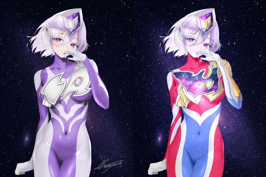 2girls absurdres armor blue_bodysuit bodysuit breastplate breasts clenched_hand collarbone color_timer commentary commentary_typo covered_navel covering_own_mouth cowboy_shot dated flash_type_(ultra_series) floating_hair forehead_jewel galaxy genderswap genderswap_(mtf) gloves hair_between_eyes hand_up headgear highres humanization legs_together light_blush lipstick looking_to_the_side makeup medium_breasts multicolored_bodysuit multiple_girls purple_bodysuit purple_eyes purple_hair red_bodysuit short_hair signature silver_bodysuit silver_gloves skin_tight sky solo space standing star_(sky) starry_sky tokusatsu transparent ultra_series ultraman_decker ultraman_decker_(flash_type) ultraman_decker_(series) ultraman_dinas yi_(user_jwth4284)
